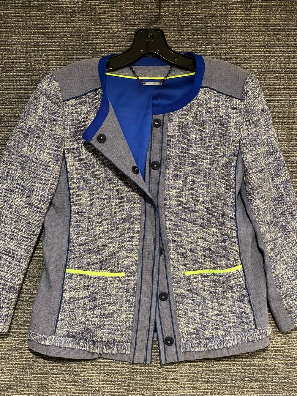 Elie Tahari Blue Tweed Fringe Jacket with Neon Trim
